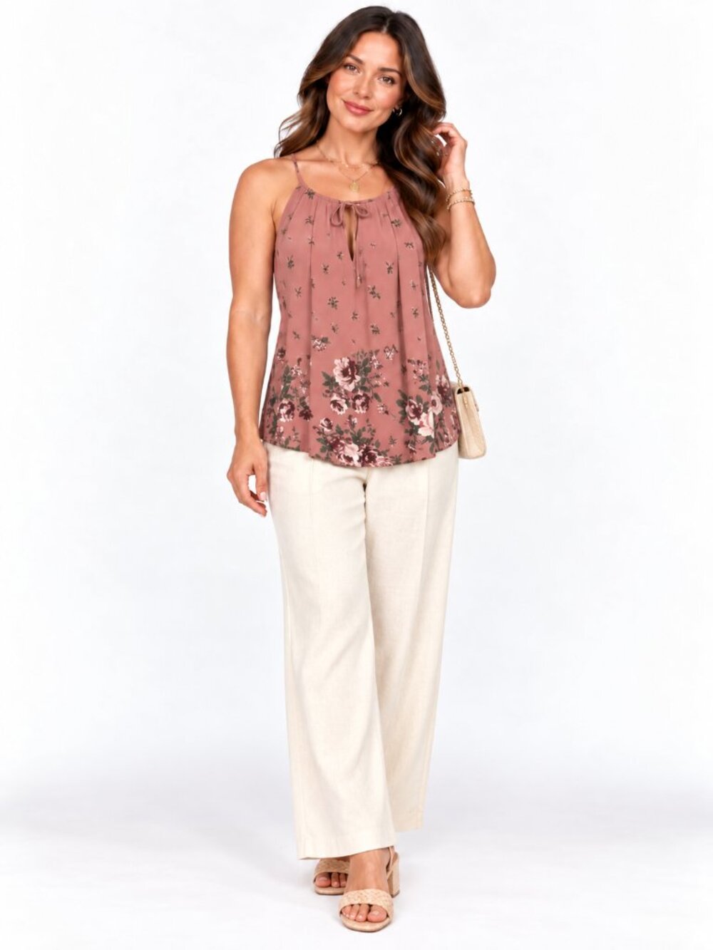 Blue Rain Size Small Dusty Pink Floral Sleeveless Keyhole Blouse